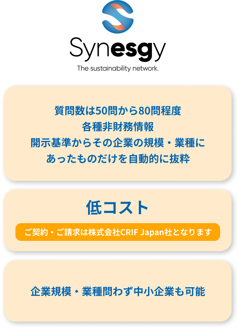 Synesgy 質問数は50問から80問程度各種非財務情報開示基準からその企業の規模・業種にあったものだけを自動的に抜粋 低コスト ご契約・ご請求は株式会社CRIF Japan社となります 企業規模・業種問わず中小企業も可能